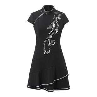 【运动旗袍系列】svg高尔夫春季女装黑色国风印花旗袍荷叶边旗袍