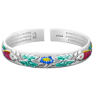 双鱼莲花银手镯女9999纯妈妈款实心开口珐琅银镯子老年人实用礼物