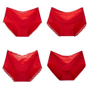 本命年大红色纯棉中腰高档女士内裤蕾丝边大码透气喜庆舒适三角裤