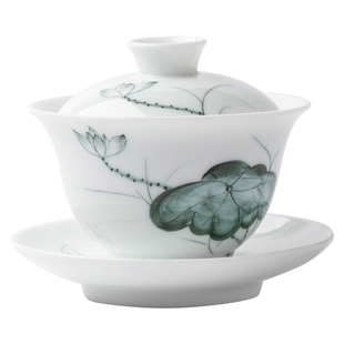 手绘三才盖碗茶杯大号单个白玉瓷敬沏泡茶功夫茶具三炮台荷花清雅