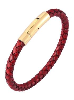 进口真皮手绳牛皮编织红绳蛇年本命年红色转运手链复古新年礼物男