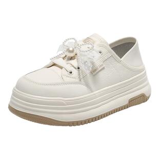 百丽女鞋蝴蝶结厚底休闲板鞋新款增高鞋踩脚两穿小白鞋D7W1DAM5预