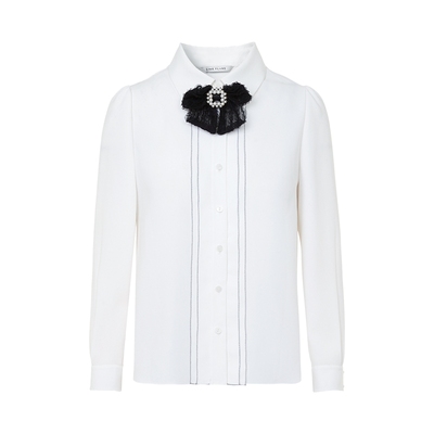 【祝绪丹同款】朗姿集团LIME莱茵蕾丝蝴蝶结珍珠领压褶衬衫25冬新