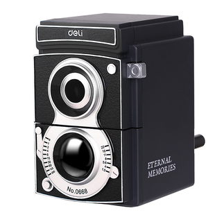 得力削笔器复古相机光影削笔机卷可调粗细大三角笔刀用手摇转笔刀