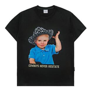 ADLV 韩国潮牌秋季新款T恤印花帽子男孩宽松短袖上衣服装黑色体恤