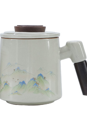 汝窑陶瓷茶水分离带盖办公杯礼盒