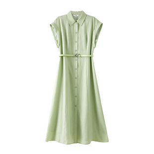 OSA欧莎职场清新绿色衬衫连衣裙女夏季新款气质百搭连肩袖中长裙