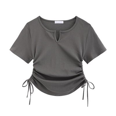 专柜夏v领短袖t恤女显瘦新款韩版设计感小众独特辣妹正肩休闲上衣