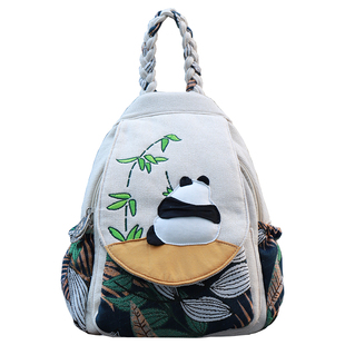 新款熊猫亲子帆布双肩包新中式竖款撞色休闲动物夹层撞色多用背包
