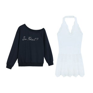 pusumede【现货5.5折】加分搭配 蕾丝边挂脖吊带女斜肩卫衣两件套