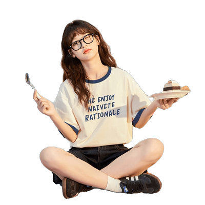 唐狮撞色圆领短袖女T恤夏季设计感上衣女新款爆款粉色体恤sz