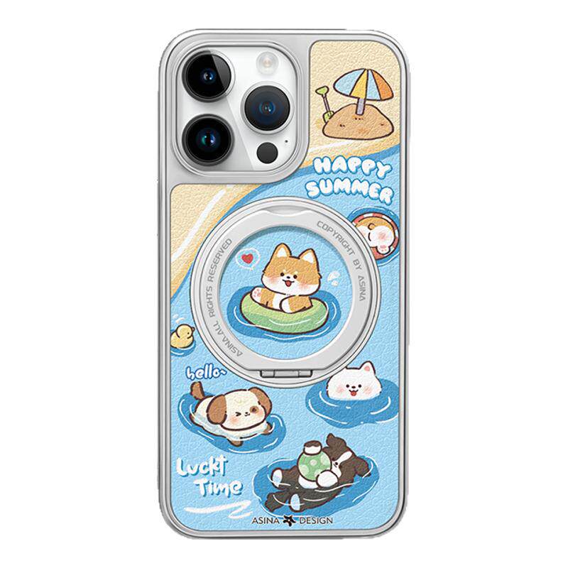 游泳小狗适用iPhone17Promax手机壳新款苹果16Pro磁吸带支架保护套支点ip15可爱高级感不撞壳13pm全包网红14