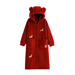 悦内睡袍女睡衣冬季法兰绒加厚珊瑚绒长款大码保暖开衫红色本命年