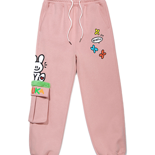 GUUKA&Agaho联名兔子粉色卫裤女冬加绒加厚 多巴胺裤子束脚裤宽松