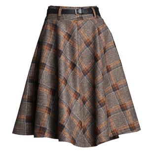 毛呢格子裙半身裙女a字裙秋冬新款百褶裙中长款伞裙显瘦裙子
