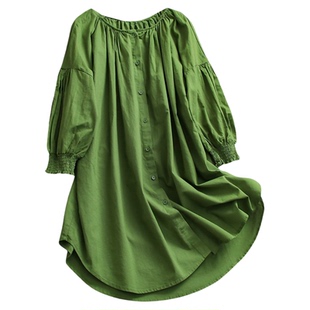 纯色宽松廓形中长款棉麻混纺圆领灯笼袖防晒百搭通勤女装衬衫Z093