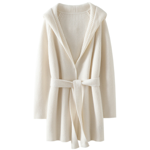 拿下气质!重磅加厚大克重100%纯山羊绒开衫女连帽毛衣中长款外套