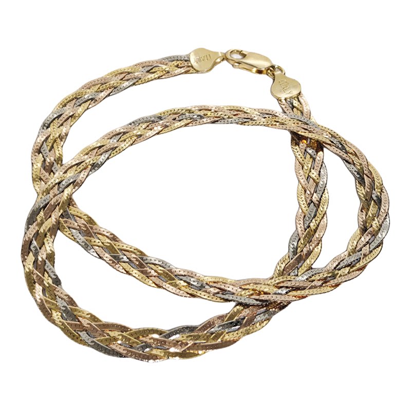 时尚纯银镀金三色五股编织项链