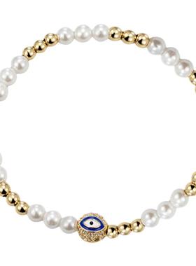 KREAM 欧美潮流 金贝珠手链男女同款蓝眼睛钻球手串情侣