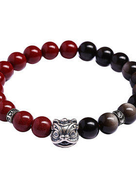 天然朱砂手串醒狮招财银曜石手链