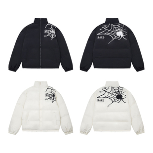 咖喱人原创美式蜘蛛网刺绣棉服棉衣冬季加厚男女宽松面包服外套潮