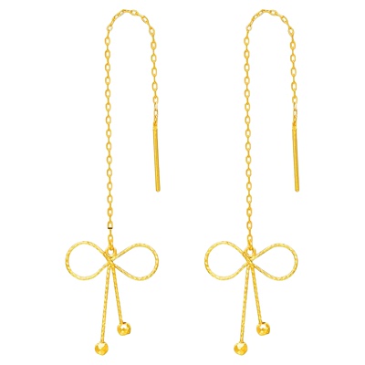 百泰蝴蝶结黄金耳线女足金999流苏长款耳坠甜美耳钉结婚订婚耳饰