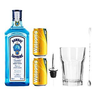 金汤力！孟买 蓝宝石金酒750ml+屈臣氏汤力水2听鸡尾酒调基酒套餐