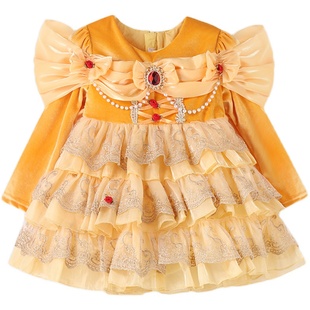 女童甜系贝尔洛丽塔连衣裙儿童走秀茶会生日华丽公主黄色礼服裙子