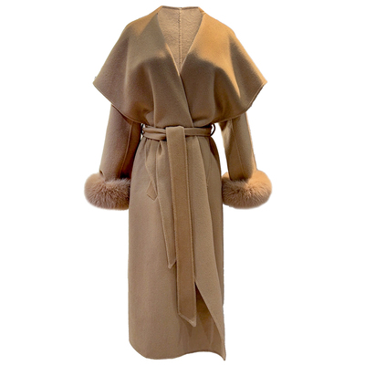 熊熊屋【富贵老钱】定制880g双面羊毛大翻领狐狸毛袖口大衣