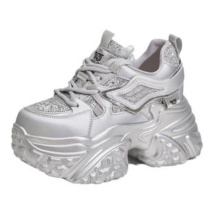 ZFCQ黑色内增高老爹鞋女款2025冬新款真皮小个子高跟厚底加绒女鞋