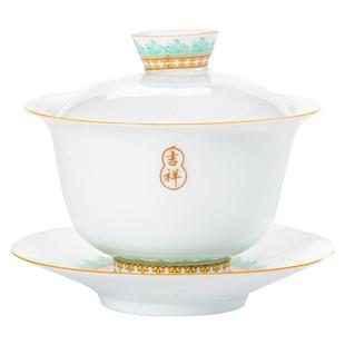 手绘三才盖碗单个不烫手甜白瓷薄胎景德镇茶具套装陶瓷茶杯泡茶碗