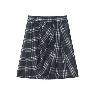 【限时八折】UNRETRO 复古学院风松紧腰格纹半身裙女夏A字花苞裙