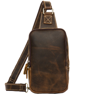 慢时光 复古疯马皮胸包男斜挎包 头层水牛皮胸包真皮背包单肩包
