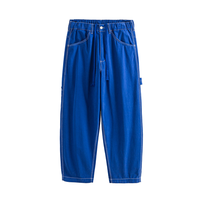 水洗法工蓝撞色明线多袋工装裤