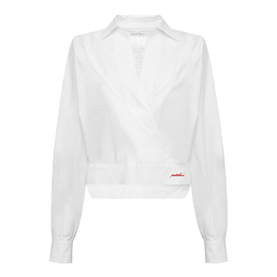 春夏交叉V领白衬衫短款高腰显瘦