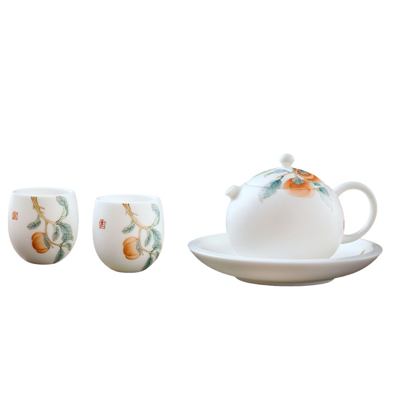 妙莲天香庄晓明大师《柿柿如意》西施壶茶壶高端羊脂玉瓷茶具送礼