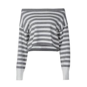 shemoda高街条纹印花针织毛衣套装女 斜领长袖上衣翻边短裤两件套