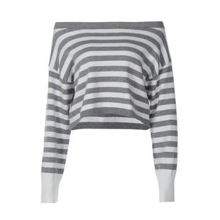 shemoda高街条纹印花针织毛衣套装女 斜领长袖上衣翻边短裤两件套