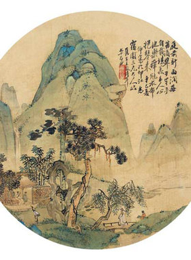 清顾鹤逸顾麟士钿阁治印图团扇30X30山水画册页青绿山水书房挂画