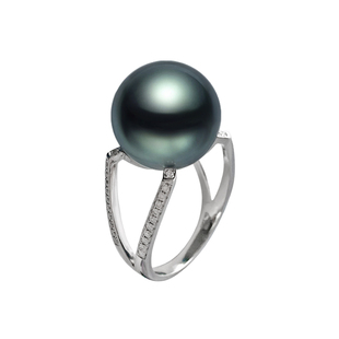 法国大溪地黑珍珠戒指正圆强光18K钻石黑绿14-15mm热巴同款AAAA级