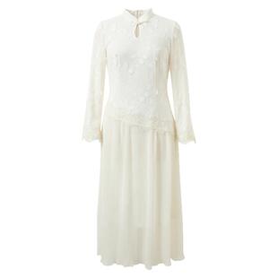 三彩【晓梦迷蝶】2026春季新款新中式连衣裙拼接九分袖长裙C