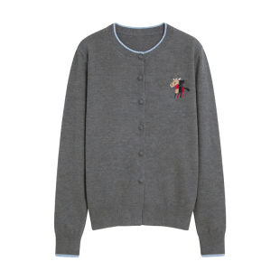 撞色圆领小马刺绣超细羊毛开衫女薄款毛衣外套洋气打底衫内搭上衣