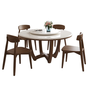 白冰玉大理石圆形餐桌带转盘新款北欧现代实木中古风家用圆桌饭桌