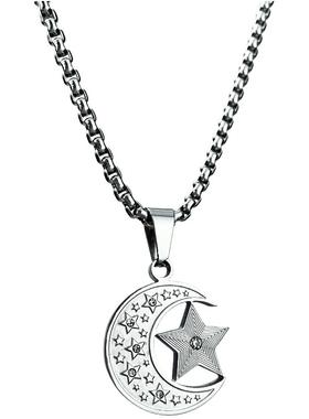 POYO韩版轻奢小众设计镶钻星星月亮项链个性百搭钛钢男女吊坠情侣
