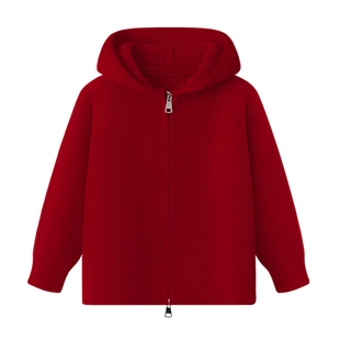 雅鹿男童超好看红色毛衣儿童加厚冬装2026新款连帽外套男孩过年服