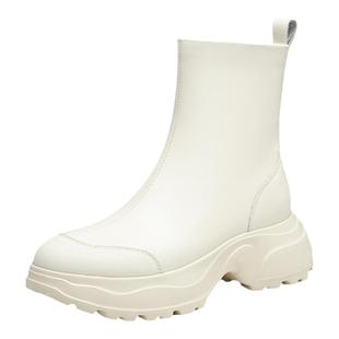 红蜻蜓白色短靴女靴子秋冬新款厚底运动中筒靴子增高弹力瘦瘦靴