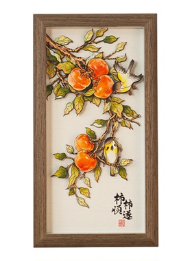 新中式木质彩绘柿子花鸟摆件