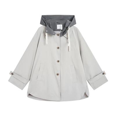 紫涵直筒宽松连帽风衣女2026春季新款简约通勤休闲撞色一手长外套