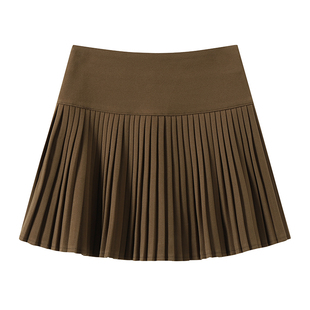 DDXZ夕子韩系学院风气质纯色短款半身裙卡其色呢子细边时尚百褶裙