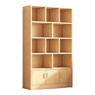 纯实木书架落地置物柜书架一体靠墙学生家用书柜带门松木收纳柜子